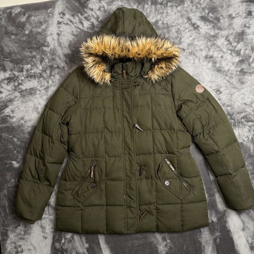 Lauren Ralph Lauren Womens Puffer Down Jacket Toggle Faux Fur Trim Size Large
